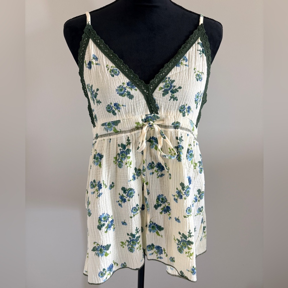 POL Floral Cream and Green Babydoll Top Small